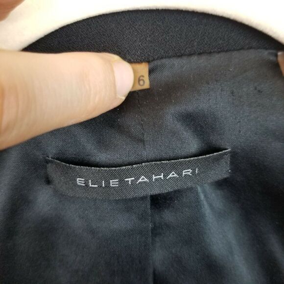 Elie Tahari Womens Virgin Wool Blazer Leather Trim Size 6 Classic Dark Academia - Picture 6 of 9